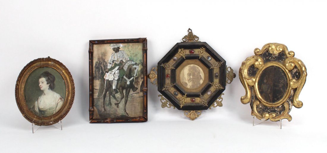 Four Small Works of Art, 19th/20th C.: Comprising, a gouache portrait of an elegant woman, a tinsel-mounted etching of a knight on horseback, a gilt-metal and hardstone mounted ebonized frame, and a gilt-decorated painted wood medallion. 4