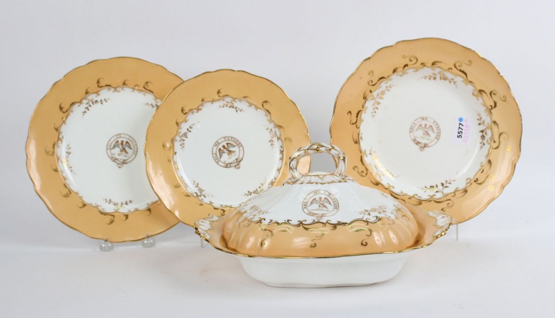 Parcel-Gilt Porcelain Dinnerware Service: Early 19th C. Inscribed "Noli Me Tangere," with eagle, comprising, twelve dinner plates, twelve luncheon plates, twelve cream soup bowls, and a covered entree dish. 37 pieces Entree Dish: 7"h x 12-1/2