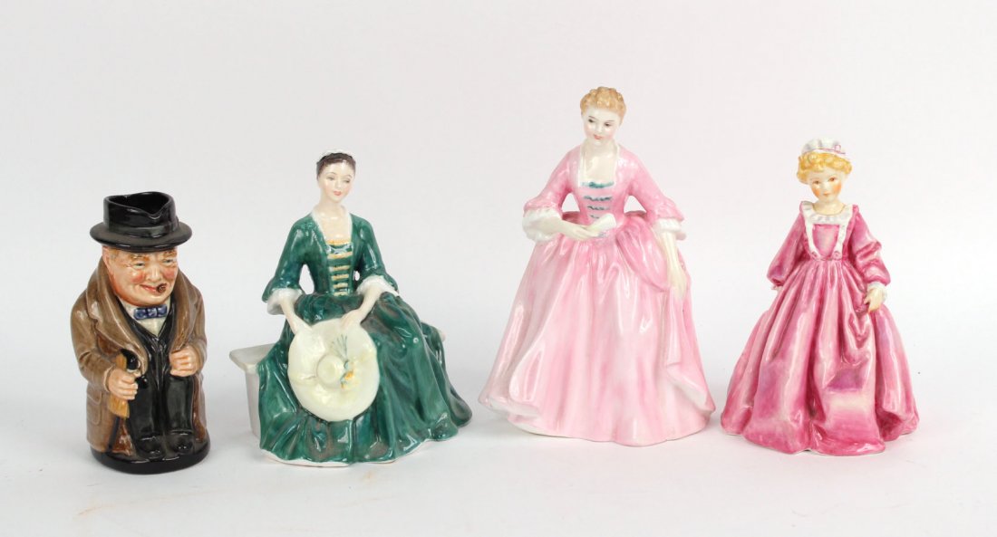 Three Royal Doulton Porcelain Figures: English, 20th C. Comprising, "A Hostess of Williamsburg," "A Lady from Williamsburg," and "Winston Churchill." Together with a Royal Worcester porcelain figure, "Grandmother`s Dress, Modeled by F.G. D