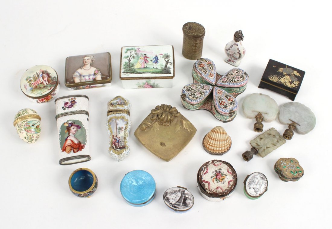 Group of Assorted Pill and Vanity Boxes: 19th/20th C. Including, a Cartier egg form box, enamel, porcelain, and cloisonne examples. Together with three hardstone finials, and a brass ashtray. Apx. 21 pieces