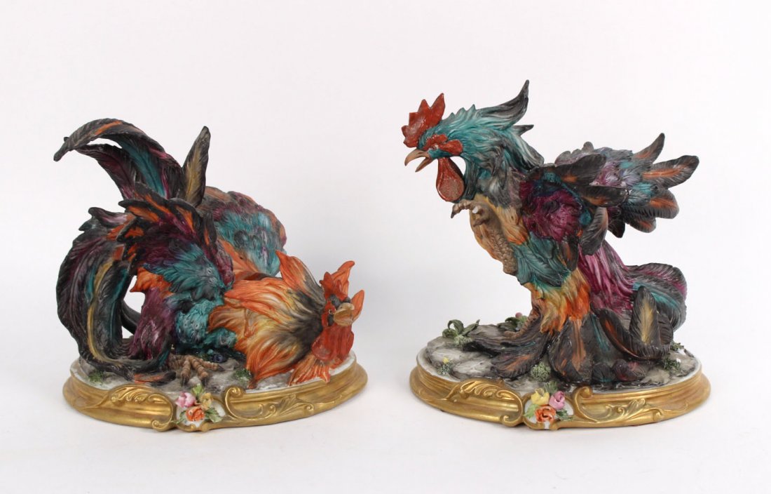 Pair of Capodimonte Porcelain Fighting Cocks: Italy, 20th C. Inscribed underside "Veneto Flair, Ediziene, Limitata coppie 500, N. 5." 7-1/2"h x 8"w