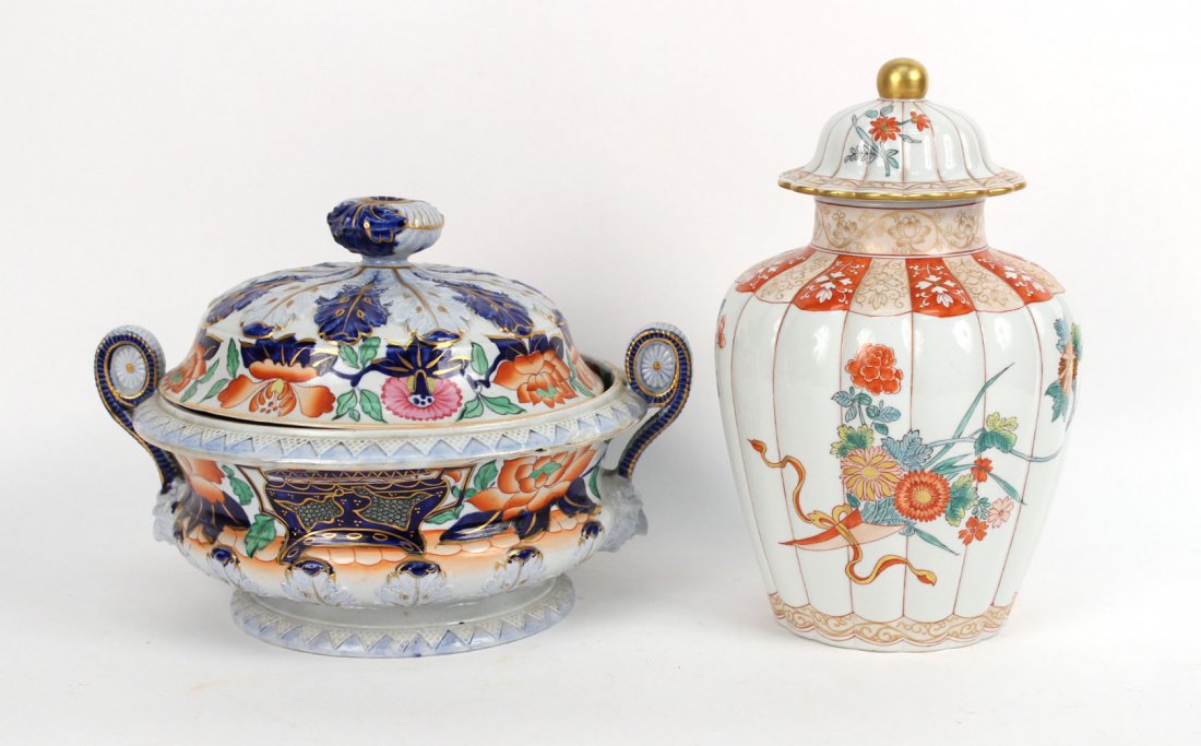 English Ironstone Imari-Pattern Sauce Tureen: Marked under lid and base "Stone China No.6." Together with a Mottahedeh Vista Alegre ginger jar. 2 piecess Tureen: 8-1/2"h x 12-1/2"w