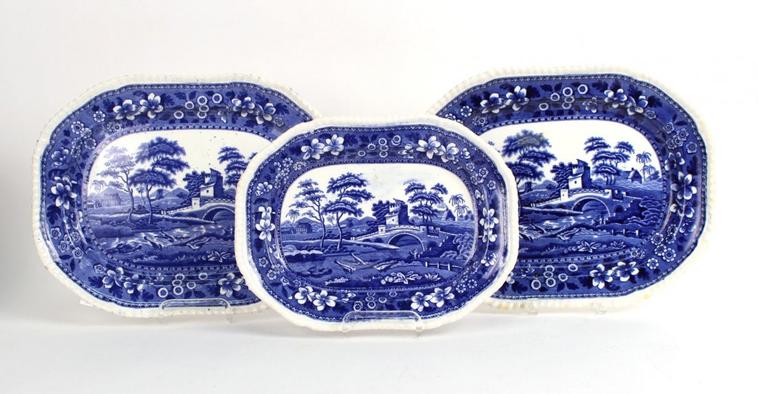 Three Copeland Spode Transferware Platters: Blue and White "Spode`s Tower," 20th C. All marked underside. 13"l and 15"l