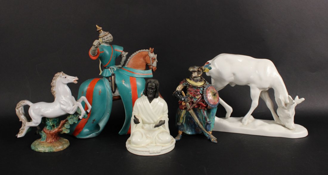 Group of Porcelain and Ceramic Figures,20thC.: Comprising a white ceramic buck, Italian ceramic jumping horse, Minton figure "The Sage," standing ceramic Knight figure and an Italian ceramic Knight on horseback. Tallest 12 1/2"h