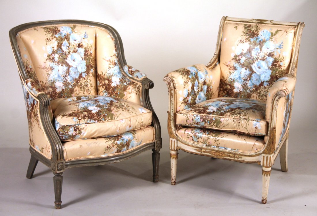 Two Louis XVI Style Painted Bergeres: French Taste, 20th C. With matching upholstery of a later date. Both 35"h