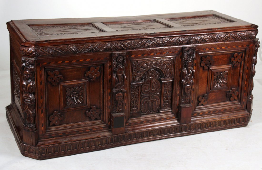 Baroque Carved Oak Cassone, Probably Italian: Composed of antique elements. 29"h x 5`4"w x 26"d