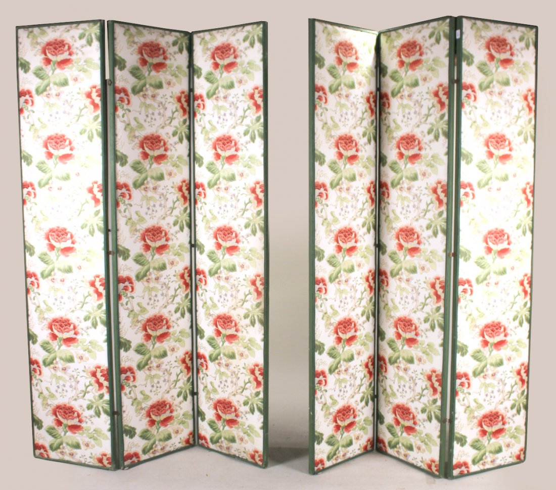 Pair of Green-Painted Three Panel Screens: 20th C. Floral-Upholstered 7`6"h, each panel 20"w