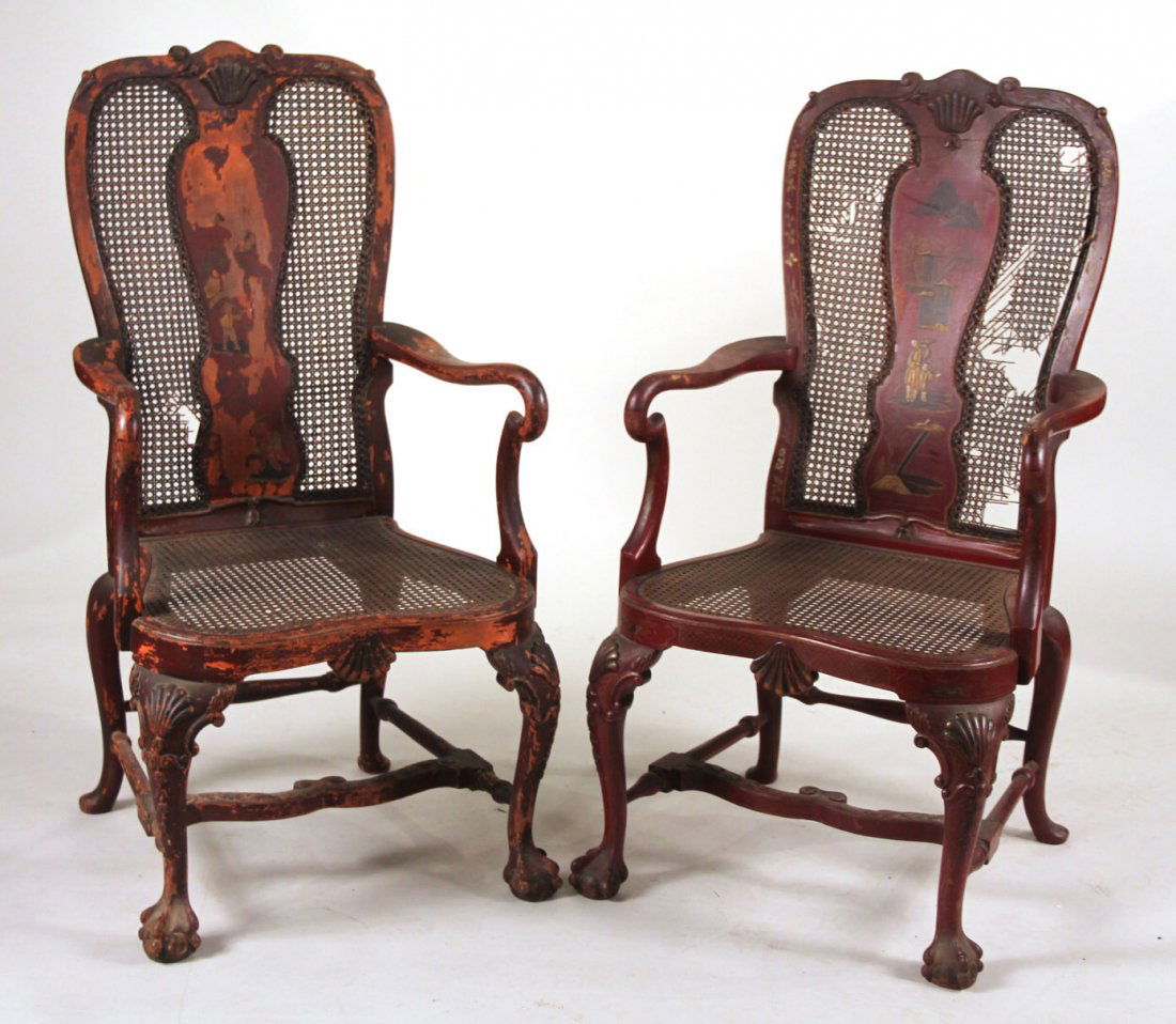 Pair of George II Style Chinoserie Armchairs: With caned seats and backs, Shepherd`s Crook arms. English, 19th/20th C. 45-1/4"h x 25"w x 22"d
