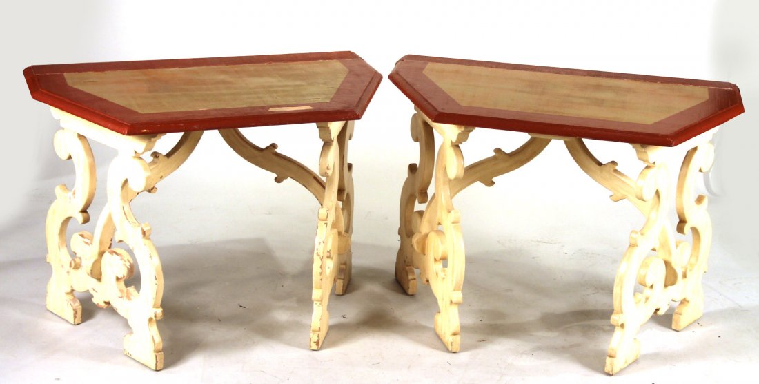 Pair of Baroque Style Painted Shaped Pier Tables: 30-1/4"h x 42-1/4"w x 25"d