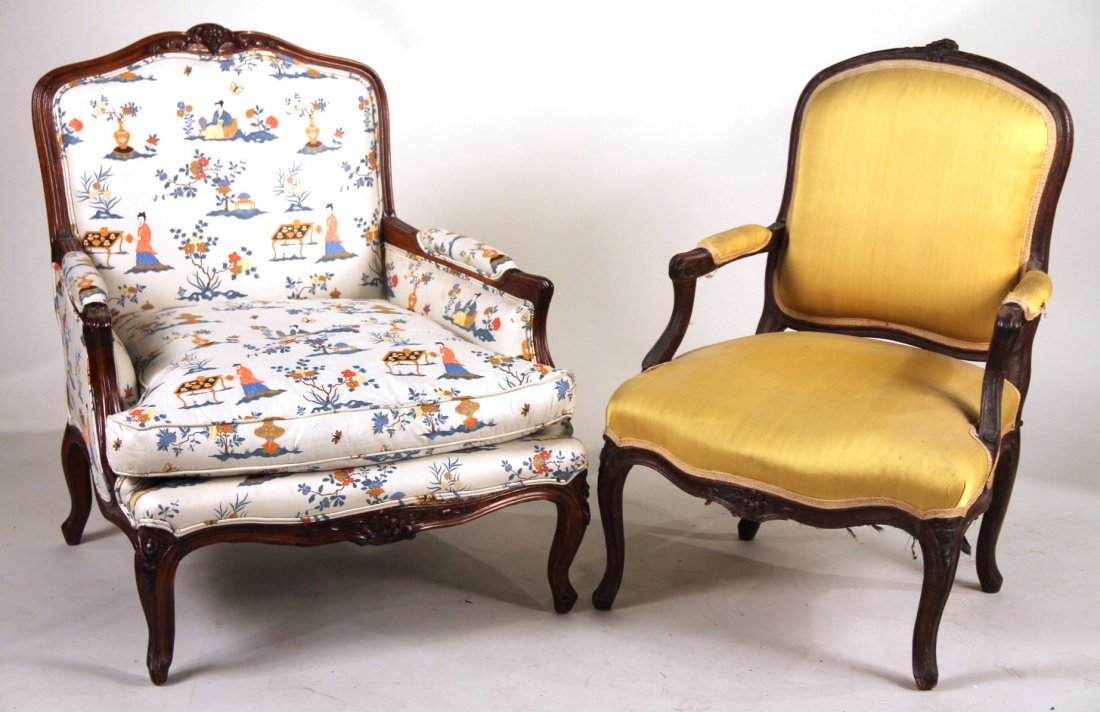Louis XV Beechwood Fauteuil: French, 18th C. Together with a Louis XV style carved mahogany bergere. 2 pieces 36-1/2"h and 35"h