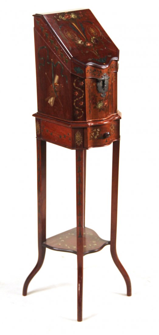 Edwardian Mahogany Knife Box on Stand: Early 20th C. Paint-Decorated 42-1/2"h x 11-1/2"sq