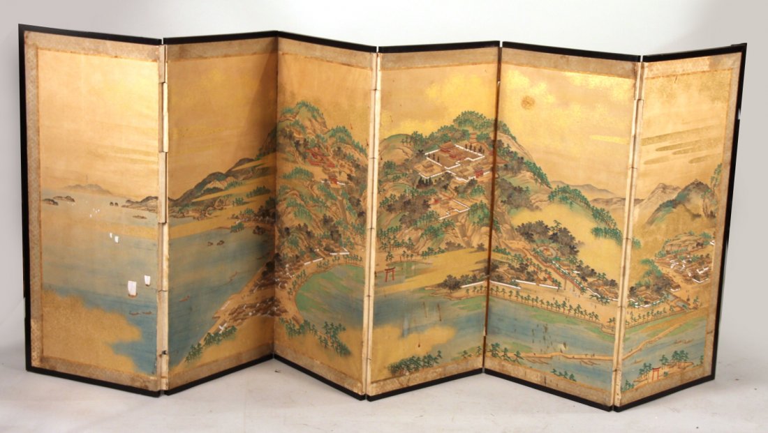 Chinese Paper and Fabric Six-Panel Table Screen: 42-1/4"h, each panel: 18-1/2"w