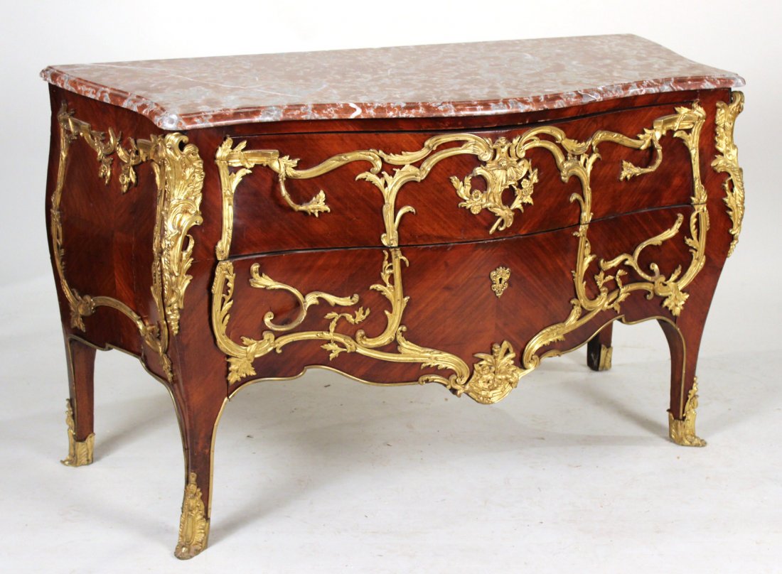 Louis XV Style Marble Top Mahogany Commode: French, 19th/20th C. Ormolu-Mounted 35-1/2"h x 5`w x 24-1/2"d