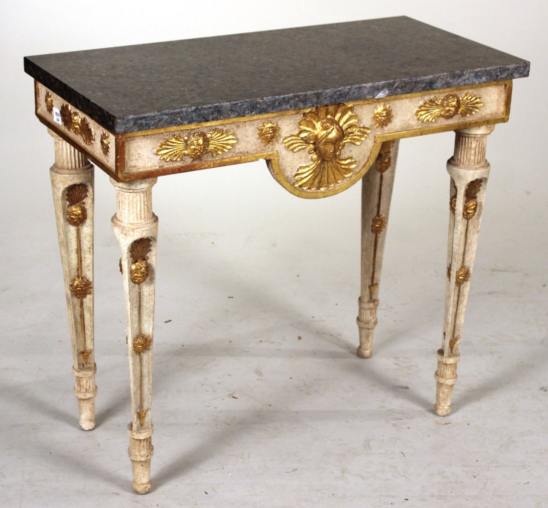 Neoclassical Style Marble Top Pier Table: 19th/20th C. Parcel-Gilt and White Painted. 30"h x 30"w x 16"d
