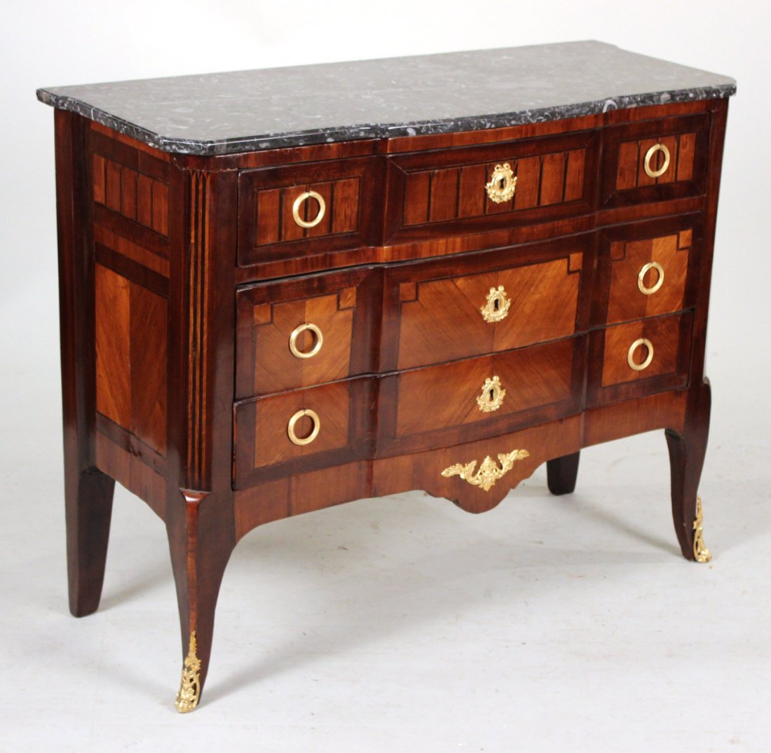 Louis XVI Marble Top Inlaid Mahogany Commode: French, 18th C. Ormolu-Mounted 36"h x 45-1/4"w x 17-1/2"d