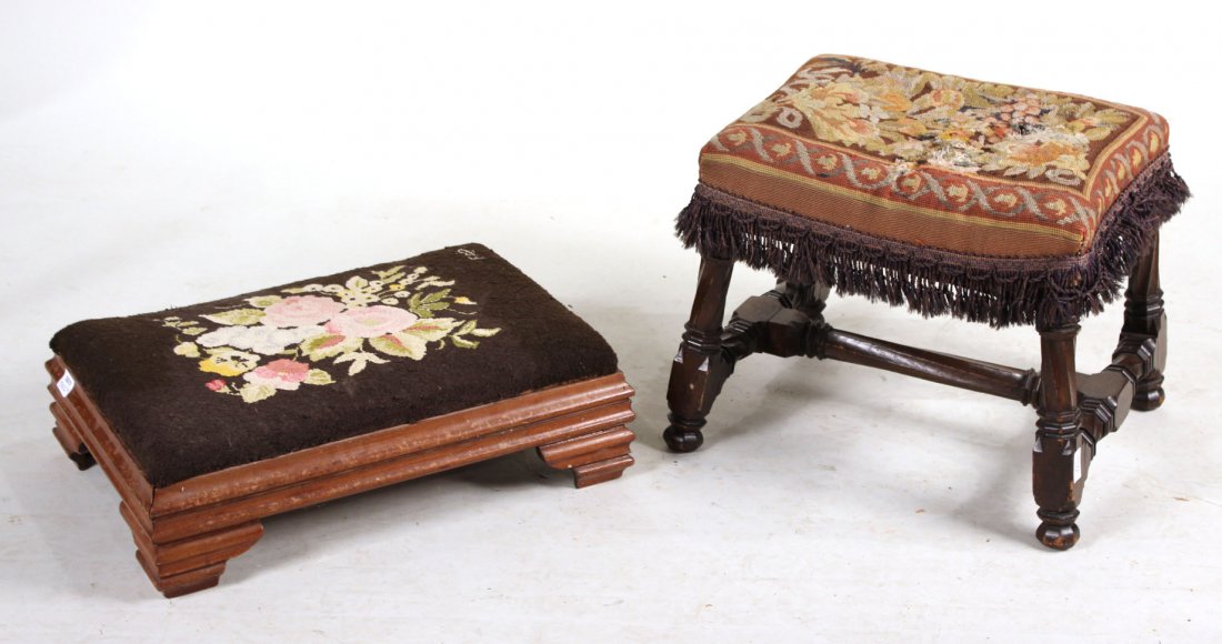 Jacobean Style Turned Oak Footstool, 20th C.: Together with a maple needlepoint-upholstered footstool. 2 pieces 17"h x 20"w x 17"d and 7"h x 25"w x 17"d