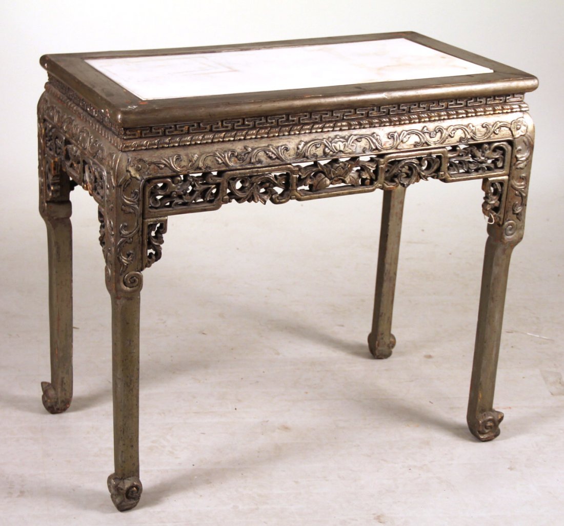 Chinese Silver-Painted Marble-Inset Pier Table: 32-1/2"h x 35"w x 19-1/2"d