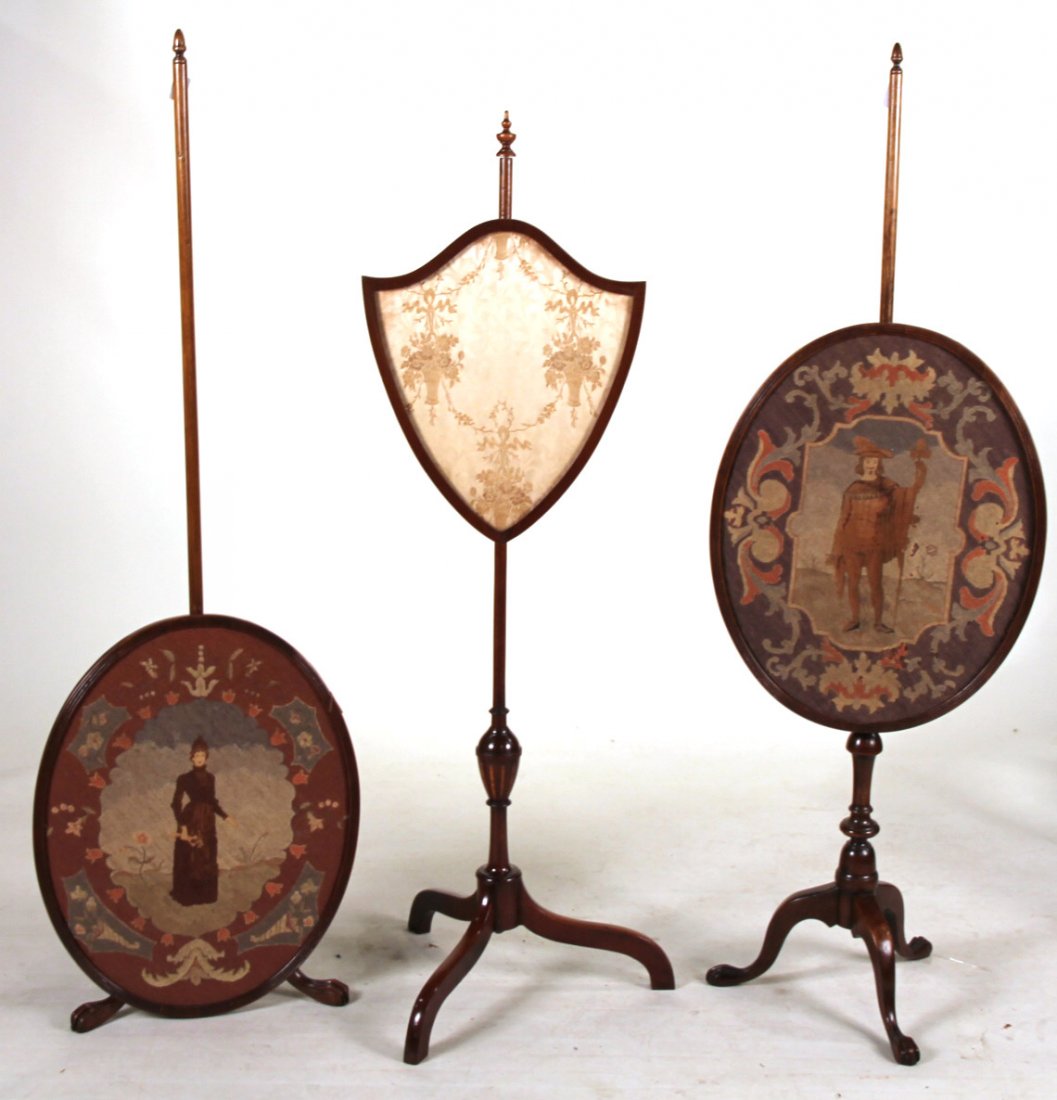 Three Georgian Needlepoint & Mahogany Firescreens: English, 19th C. 4`6"h and 4`10"h