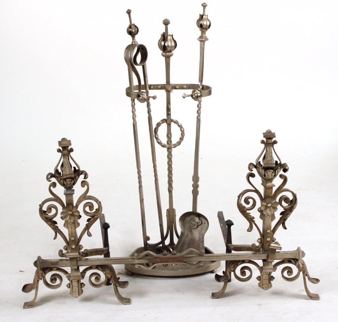 Set of Louis XVI Style Steel Hearth Equipment: 20th C. Comprising a pair of andirons and a set of firetools. Stand: 32"h, Andirons: 21"h
