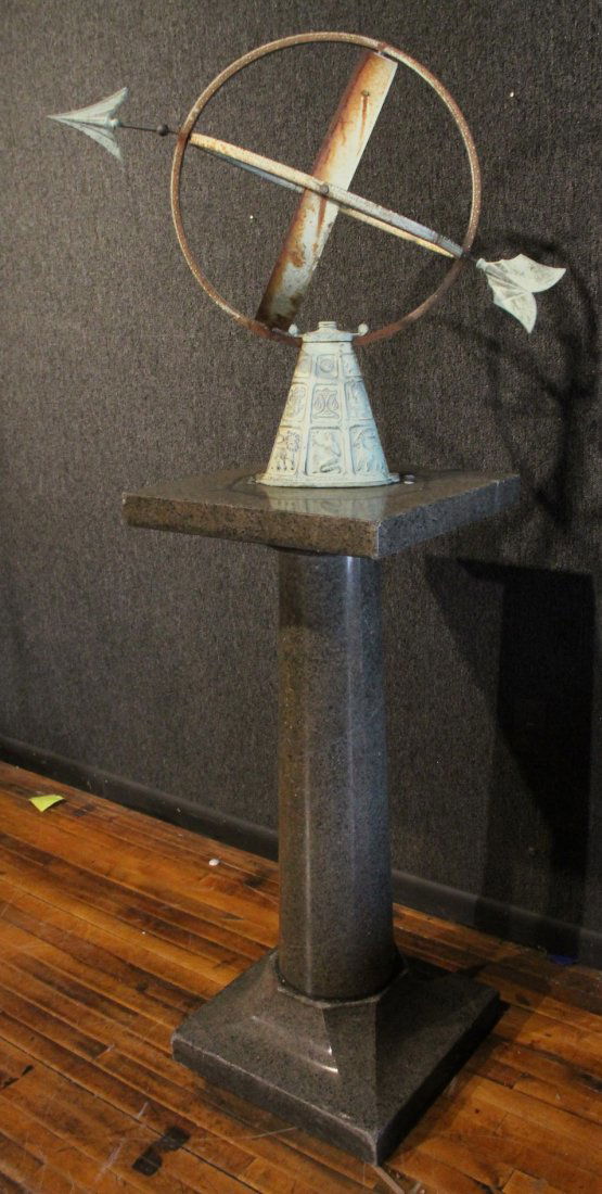 Patinated Metal Armillary Sphere, 20th C.: Marked A.B. Aronson & Soner/Made in Sweden.Together with a granite pedestal, in three parts. Sphere: 25"h, Pedestal: 41"h