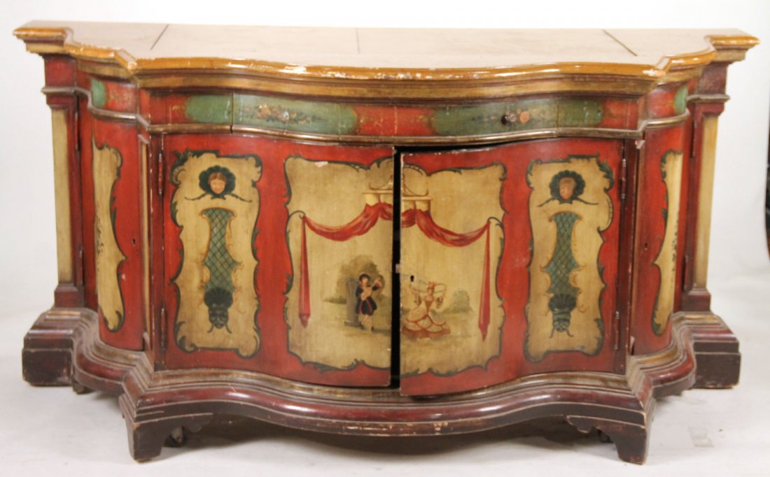 Baroque Style Paint-Decorated Cabinet, 20th C.: With hinged top. 38-1/2"h x 6`3"w x 29"d