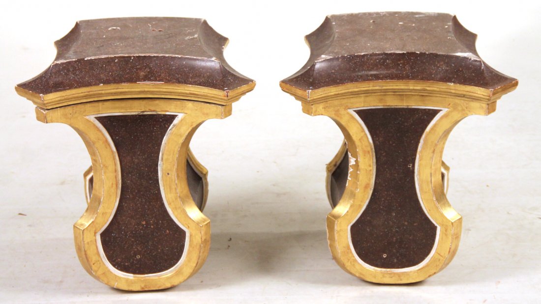 Pair of Gilt & Paint-Decorated Wall Brackets: Probably French, 19th/20th C., in two parts. 19-1/2"h x 17-1/2"w x 13-1/2"d