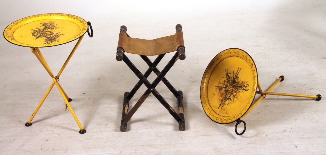 Pair of Tole Folding Tables, Italy, 20th C.: Together with a Chinese black-lacquer and white-metal mounted folding stool. 3 pieces Table: 18-1/4"h x 14-1/4"dia.