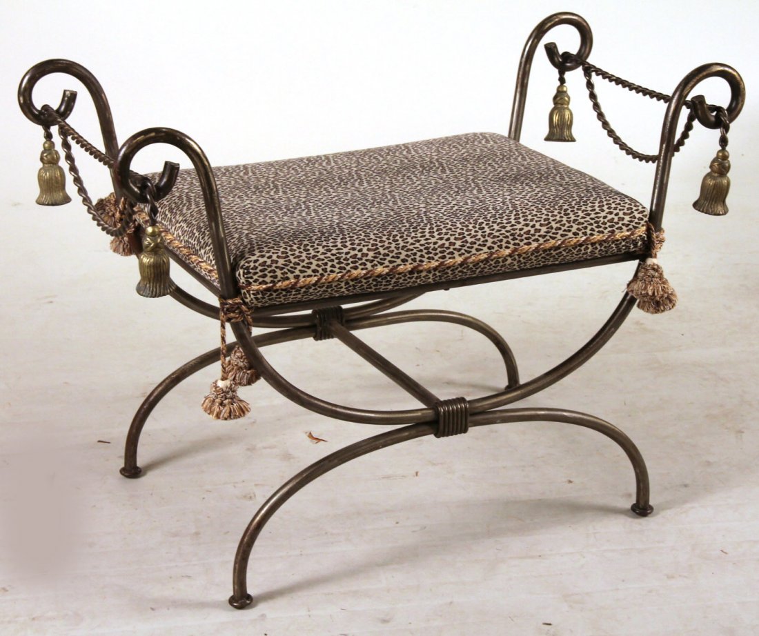 Neoclassical Style Patinated Metal Window Seat: 20th C., With leopard print cushion. 26"h x 35"w x 19"d