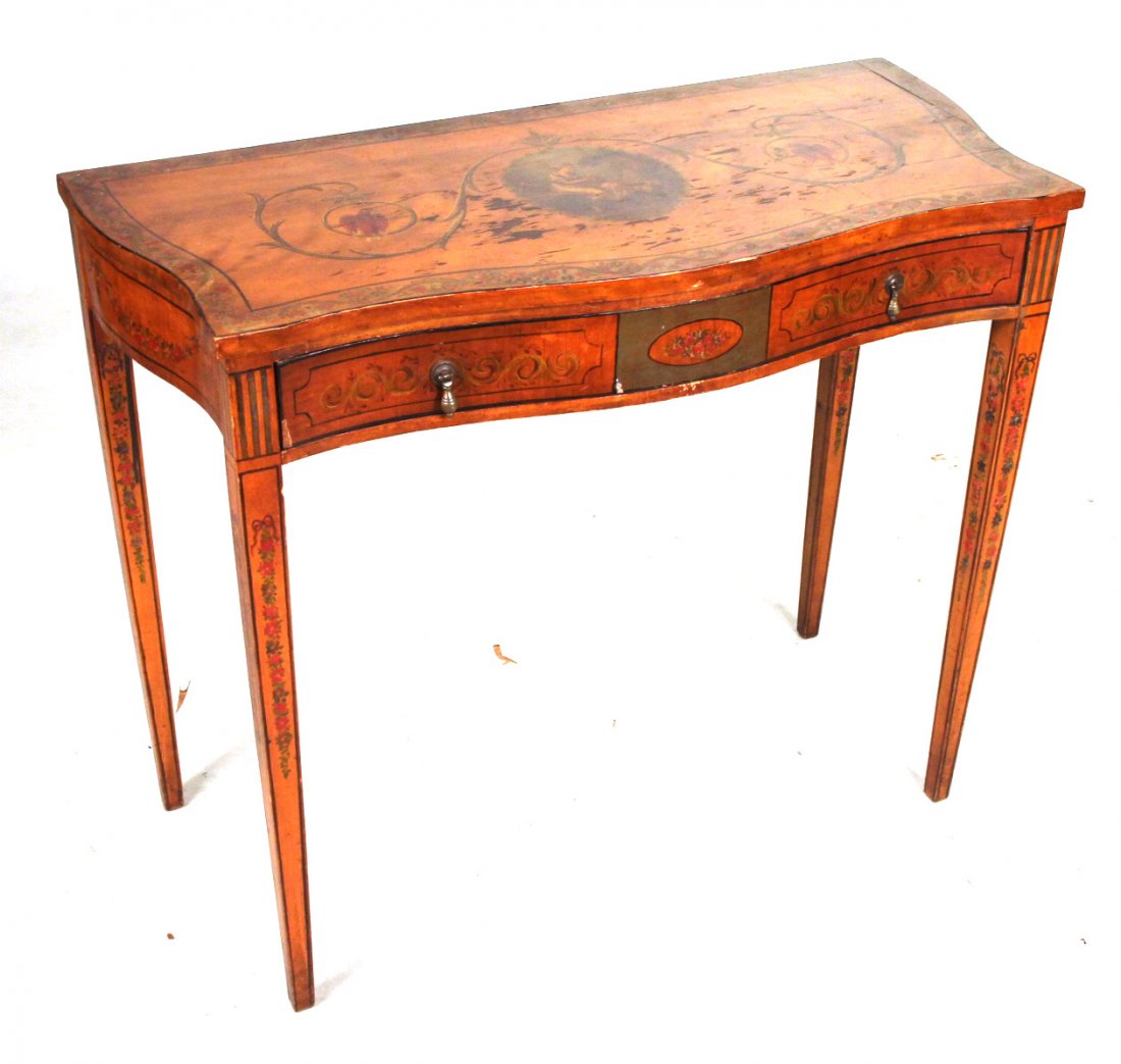Edwardian Paint-Decorated Mahogany Pier Table: Fitted with a drawer, lock removed. 30"h x 36-1/2"w x 17"d