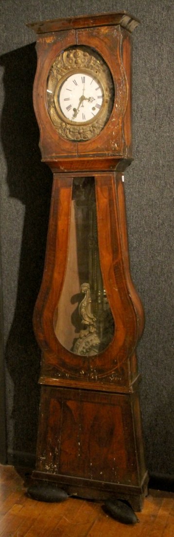 Provincial Inlaid Tall Case Clock: French, 19th C., bonnet disassembles, dial and fast probably associated. 7`2"h x 20"w x 8"d