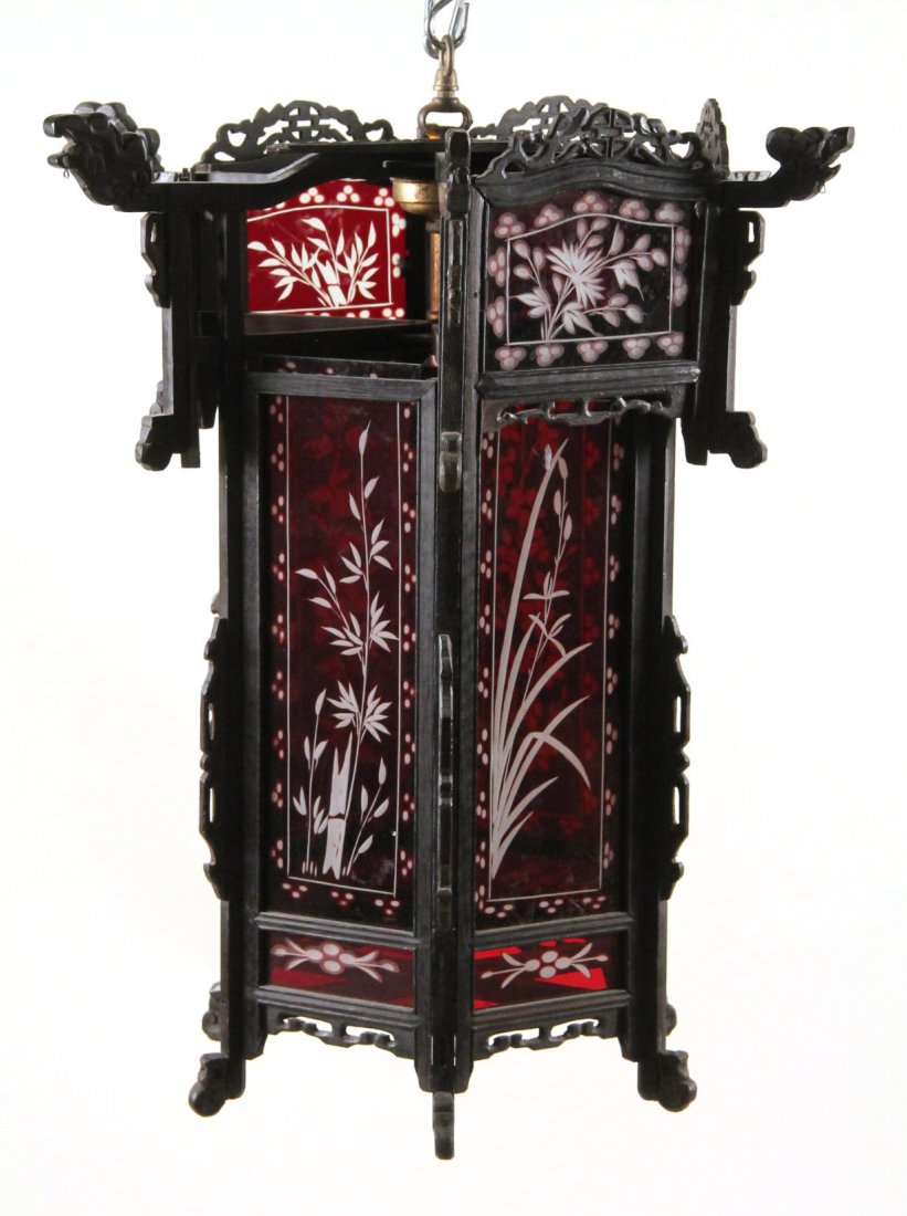 Bohemian Style Glass Wood Light Fixture: Chinese, 20th C. 22"h x 18-1/2"dia.