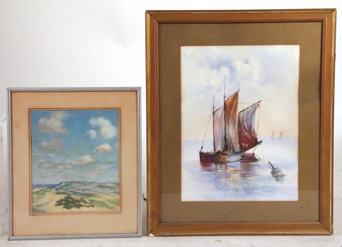 Pastel, Beach Scene, Samuel Wainwright: (American, 1893-1969), signed l.r. "S.H. Wainwright Jr." Together with gouache and watercolor of junk boats, unsigned. Sight sizes: 12-3/4"h x 10-3/4"w and 20"h x 15"w