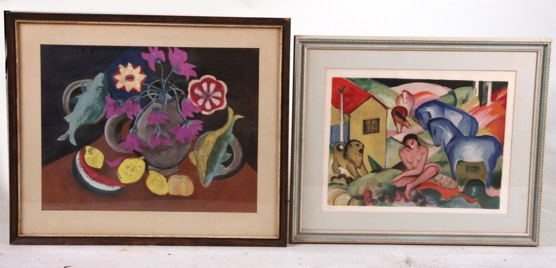 Mixed Media, Still Life, Liesel C`Shrey: Signed l.l. "Lisel C`Shrey/Paris." Together with an abstract style lithograph of horses, signed in plate "Mark," after Franz Mark, numbered 148/200. 2 pieces Sight size: 19"h x 24-1/2"w and 17"h x 24"