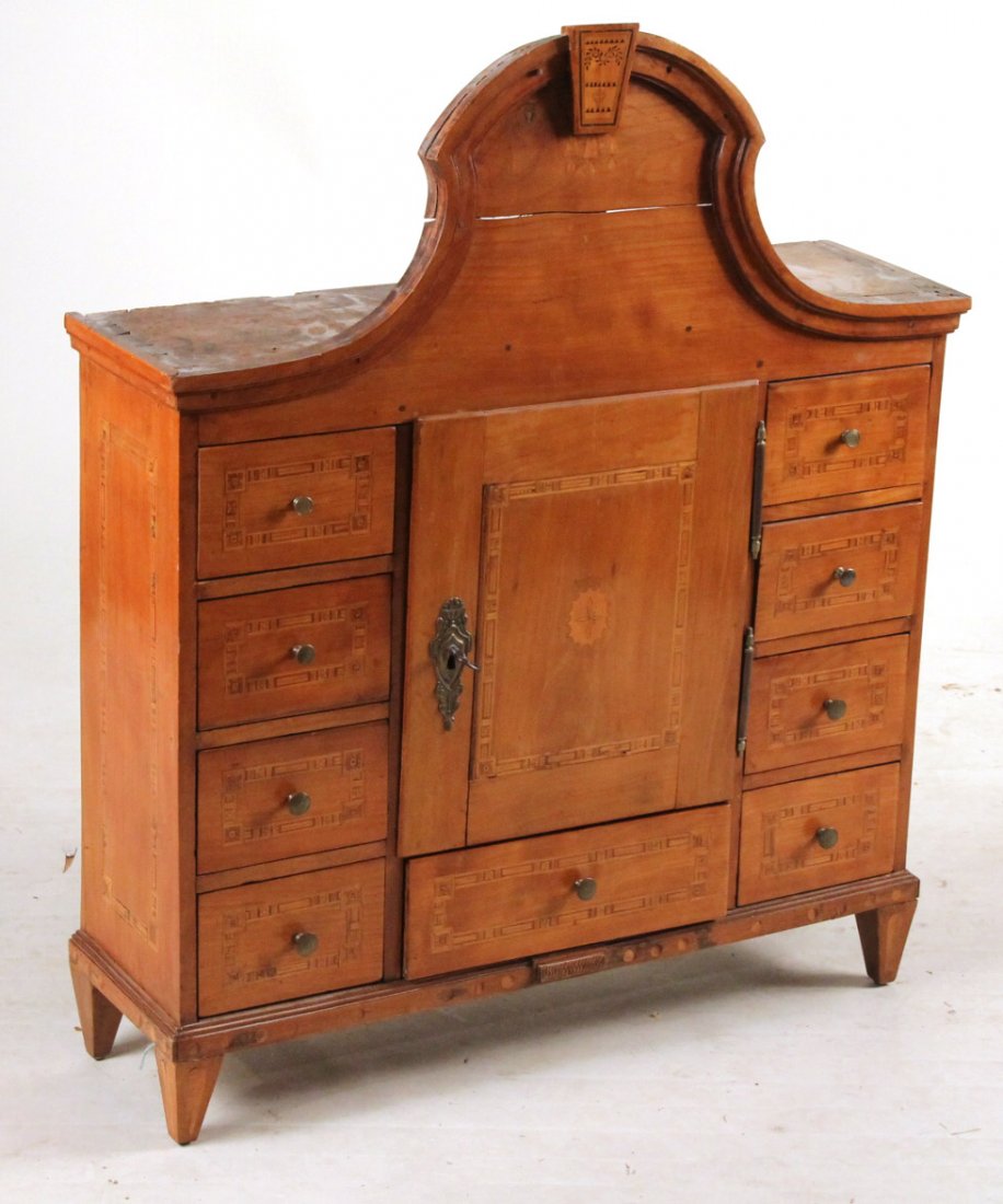 Biedermeier Inlaid Cherrywood Cabinet: Austrian, c. 1830, possibly the top of a larger cabinet, fitted with an interior locking mechanism. 40"h x 32-1/2"w x 10"d