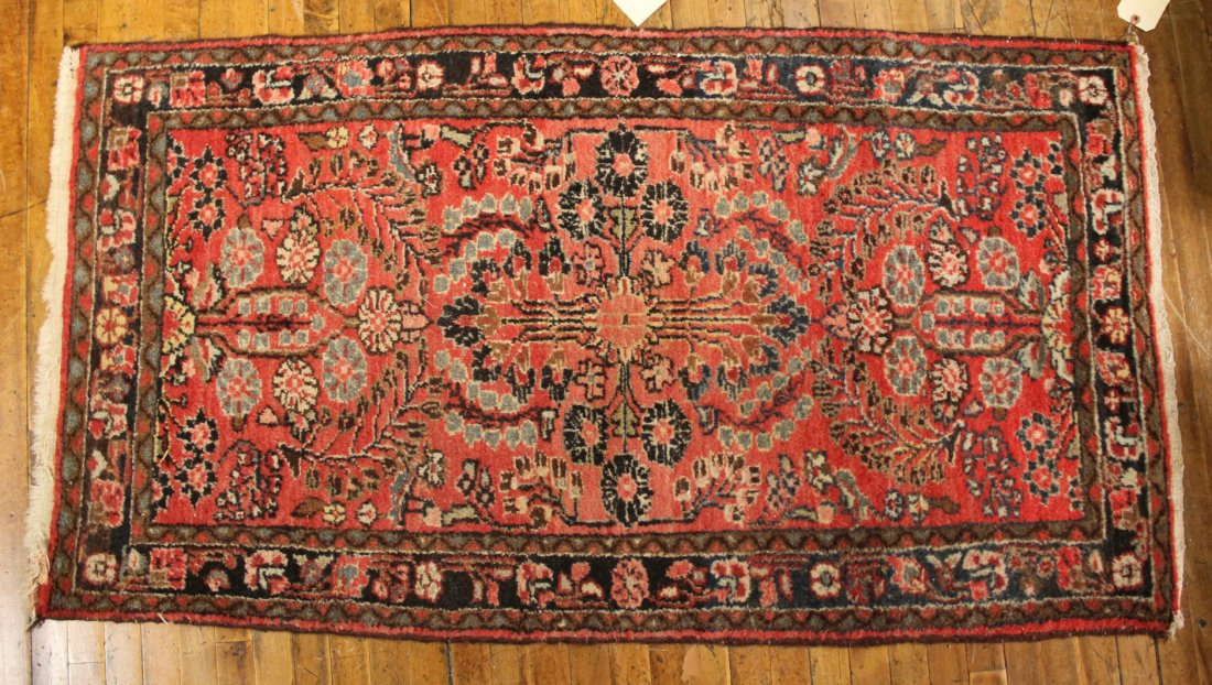 Sarouk Style Throw Rug, 20th C.: Worked in tones of red, blue, and ivory. 5`1"l x 32-1/2"w