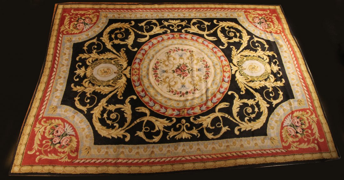 Aubusson Style Carpet, 20th C: Worked in tones of yellow, red, blue, and ivory. Apx. 11`l x 8`2"w