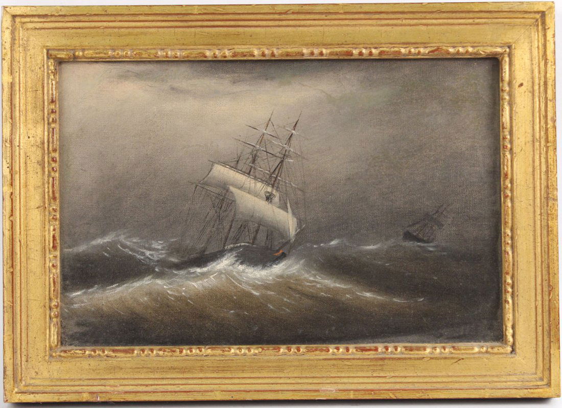 Oil on Canvas, Stormy Nocturnal Marine Scene: Attributed to Clement Drew (American, 1806–1889). 8"h x 12"w