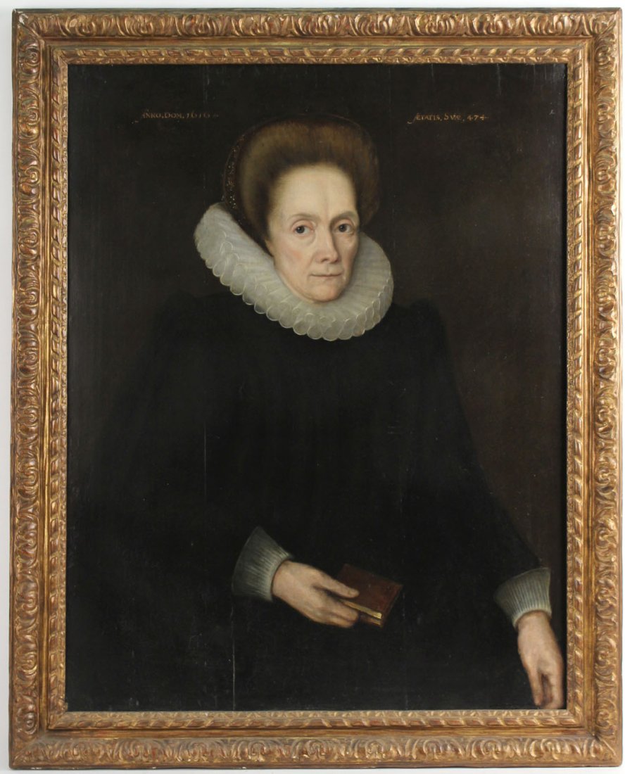 Oil on Wood Panel, Portrait of a Noblewoman: Unsigned. Inscribed Anno Dom 1610", "Aetatis Svae 474" , Possibly 17th C. 35"h x 27"w