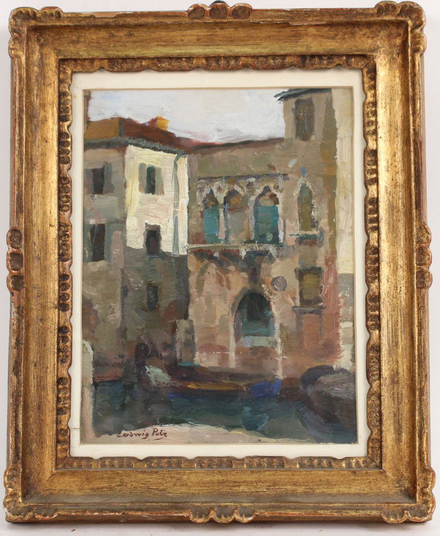 Oil on Board, Abstract Buildings, Ludwig Putz: Signed lower right "Ludwig Putz", on verso dated and location information. 7"h x 5-1/2" w image sightline