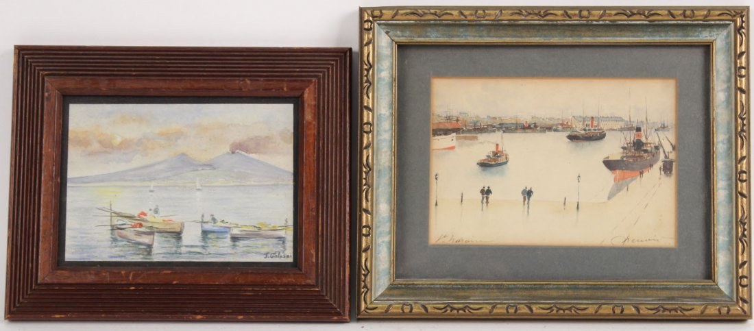 Watercolor, Boats With Volcano, T. Palazzi: Signed lower right. Together with a watercolor on paper harbor scene. 4-1/2"h x 6"w, 5"h x 6-1/2"w, respectively