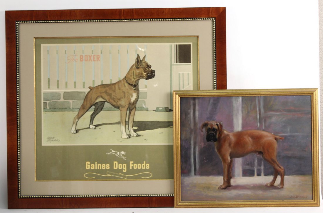 Oil on Board, Portrait of a Dog, Anne Aubryoydis: Dated 1984. Signed lower right, together with a Albert Satchel print of a boxer for Gaines Dog Food. 15-1/2"h x 19-1/2"w, 21"h x 25"w respectively