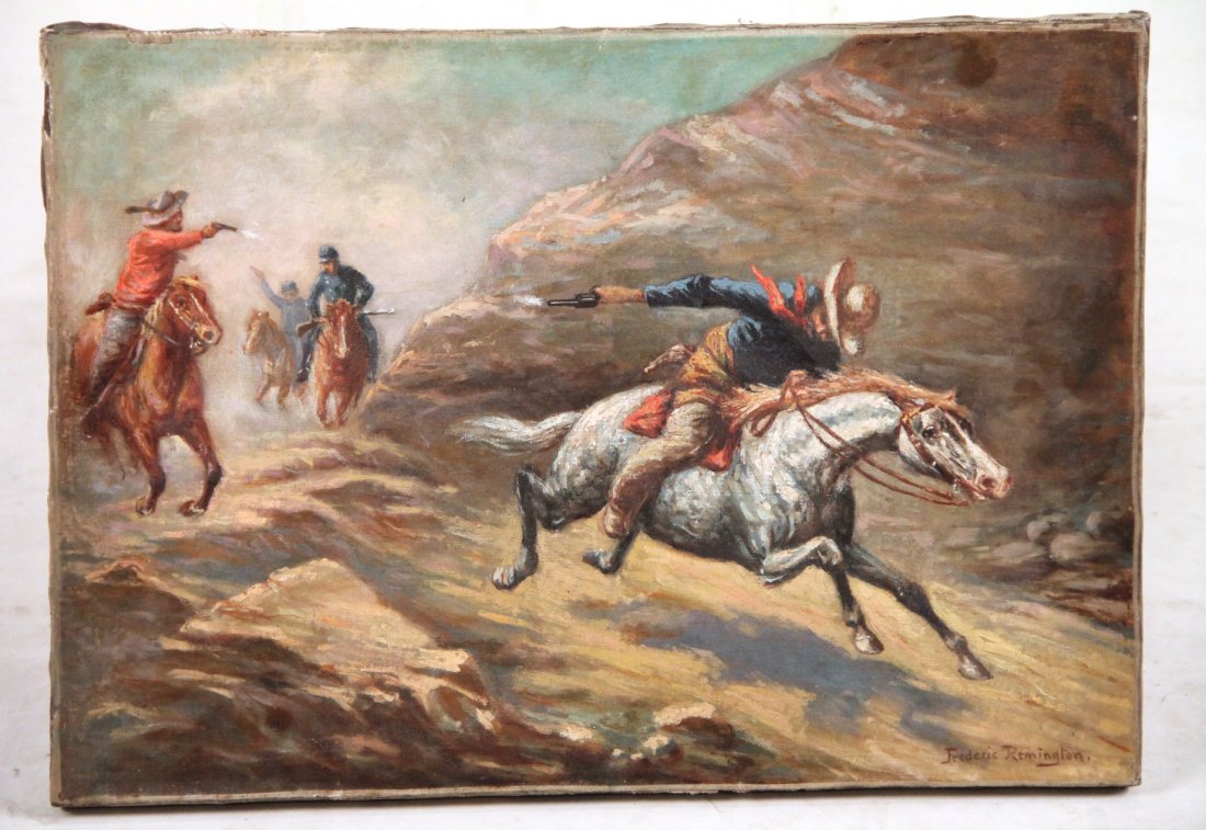 Oil on Canvas, Western Scene: In the Style of Frederic Remington. Early 20th C. 14"h x 20"w