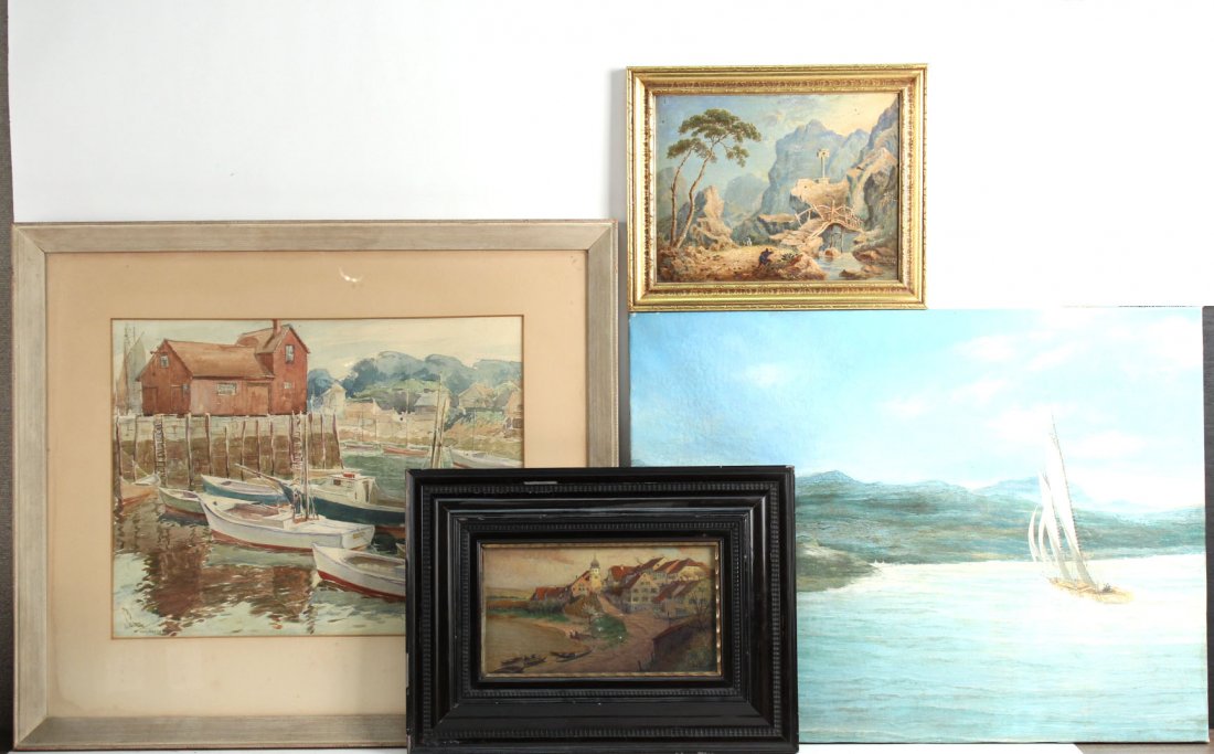 Oil on Canvas Seascape: Together with a Rockport watercolor, a mixed media village by the sea, and an oil on board country scene. Largest 22"h x 29"w