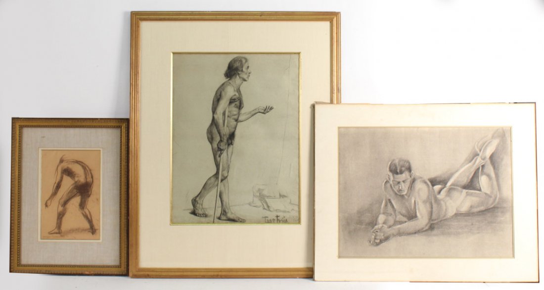 Charcoal Drawing, Nathan Wasserberger: Of a nude man (Polish, 1928-2012). Together with a pencil drawing of a recumbent nude male, Roman Navarro, and a double sided drawing of nude men both signed. 3 pieces Wasserberger sight size: 12-1/4"