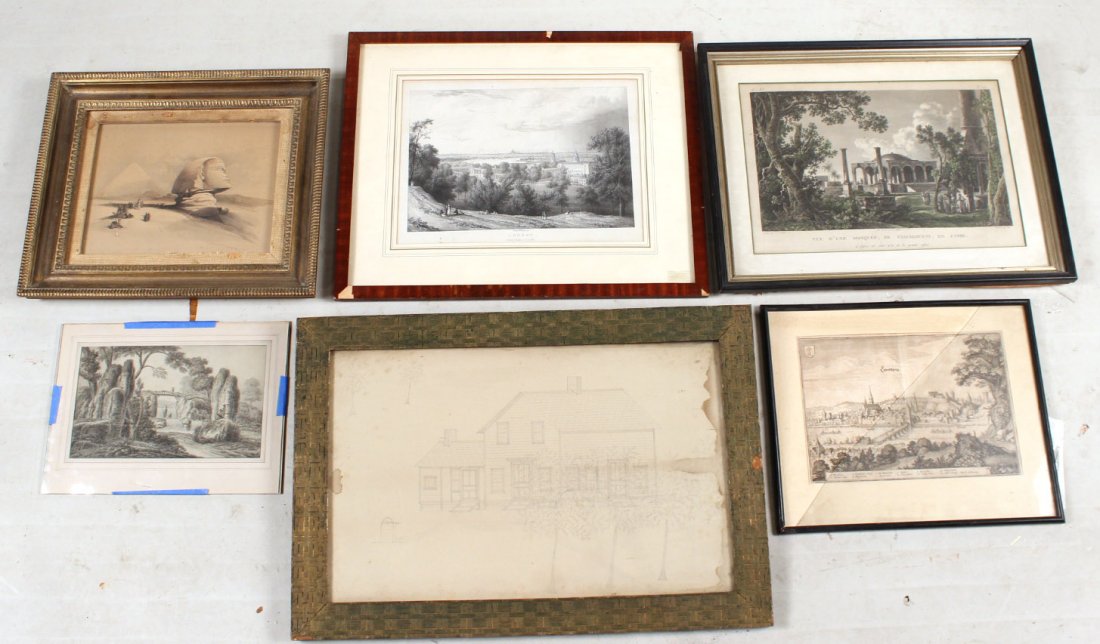 Six Black and White Works of Art: Comprising, a pencil drawing house elevation, a print of the Sphinx, a print of "Vue d`Une Mosquee de Famacouste, en Cypre," a print of London, a print of figures in a waterfall, and a print of a city