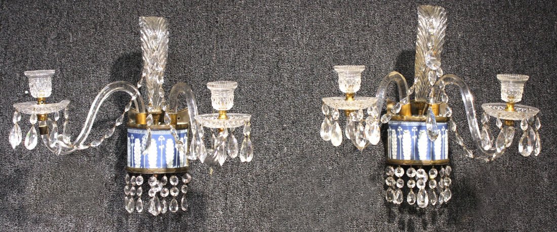 Pair of Jasperware & Crystal Two Arm Wall Sconces: With hanging prisms. 14"h x 26"l