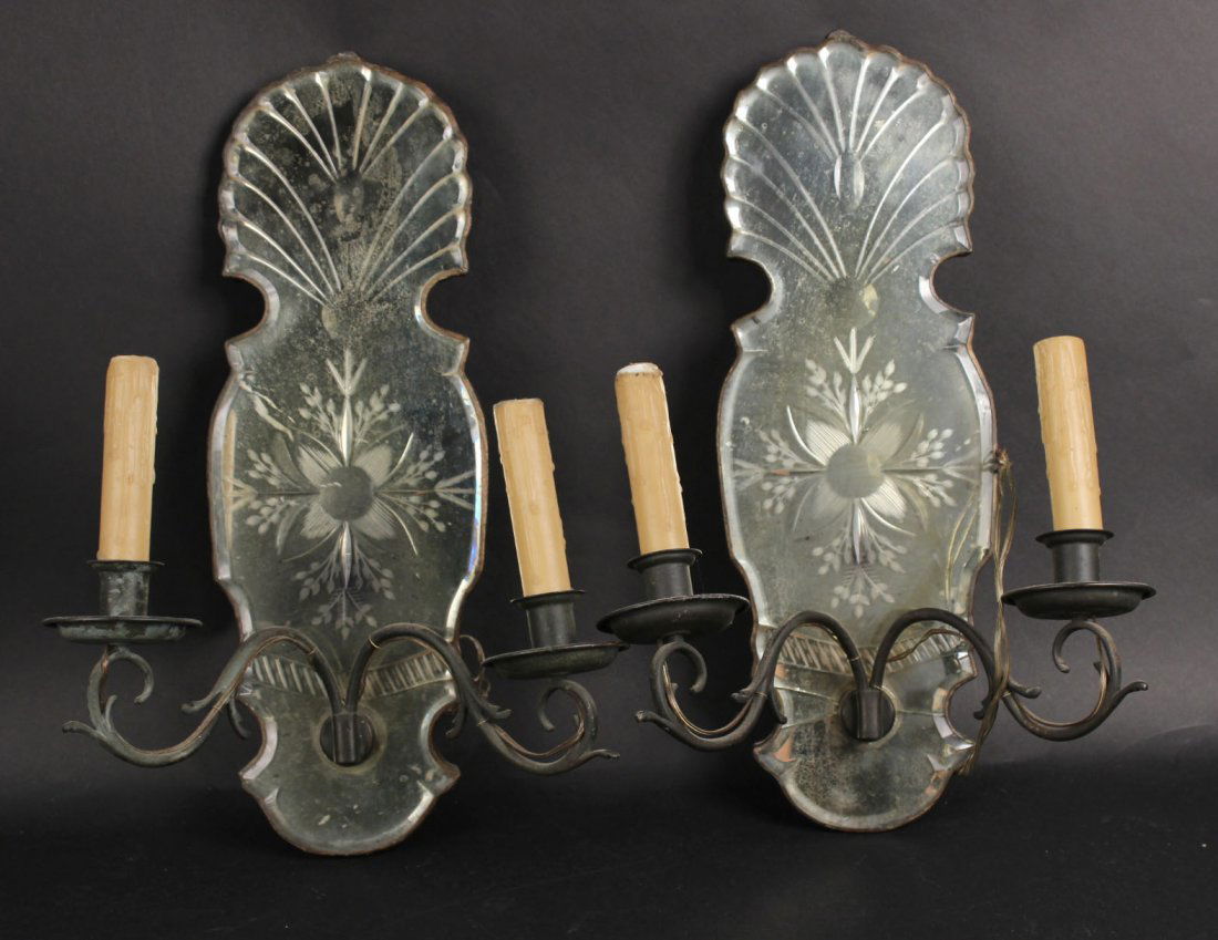 Pair of Mirrored Two Arm Wall Sconce, 20thC. (1 of 7)