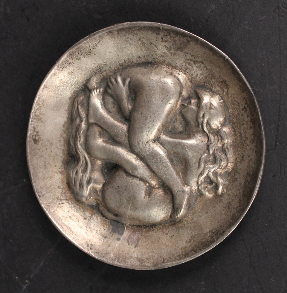 Erotica Silver Sculptured Plaque By Maillol: Circular tested sterling , with no apparent hallmarks, disk with figures in relief, incised signature on verso "Maillol" (Aristide Maillol French 1861-1944), weight approx. 6 T.O. 1/2"h x 4-3/4"w
