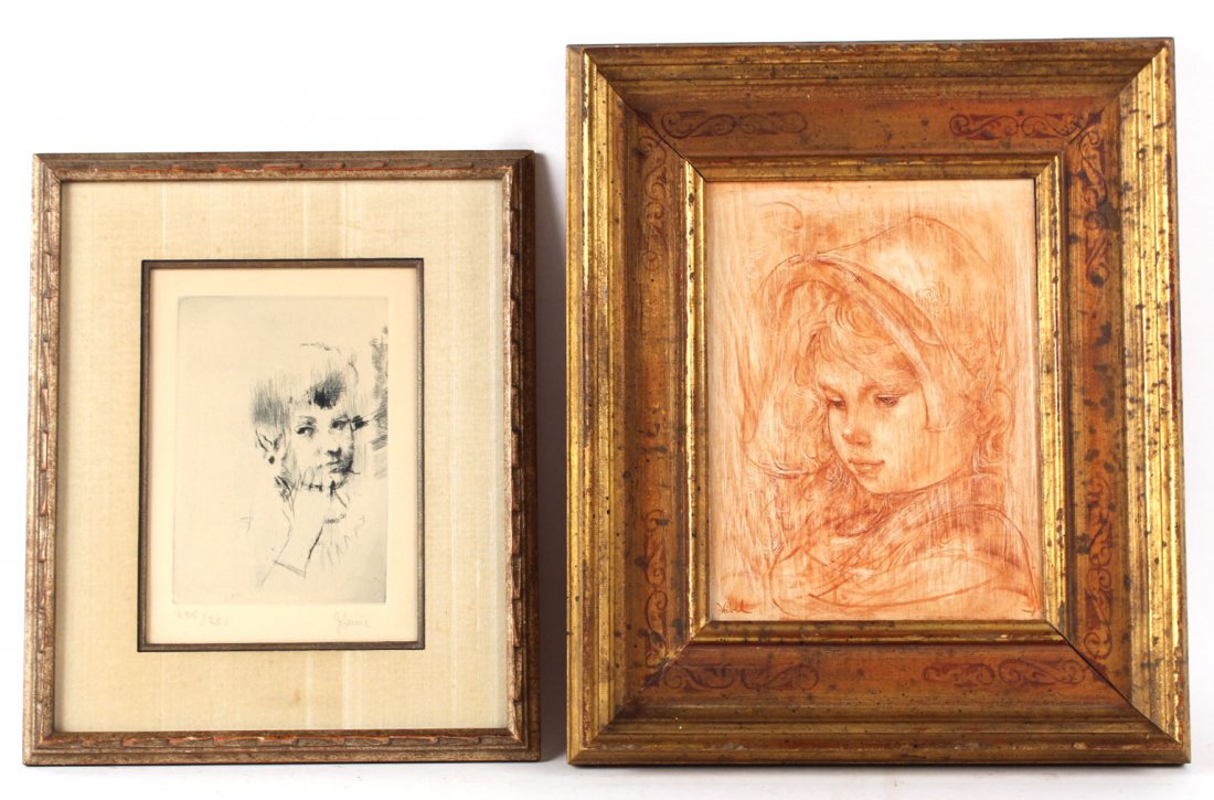 Gouache on Board, Portrait of a Girl, Edna Hibel: Signed l.r. Hibel (Edna Hibel Plotkin, 1917-2015). Together with a Jack Levine print of a boy, signed l.r. J Levine(American 1915-2010) with edition 235-250. 10 1/2"h x 7 1/2"w & 9"h x 6"w