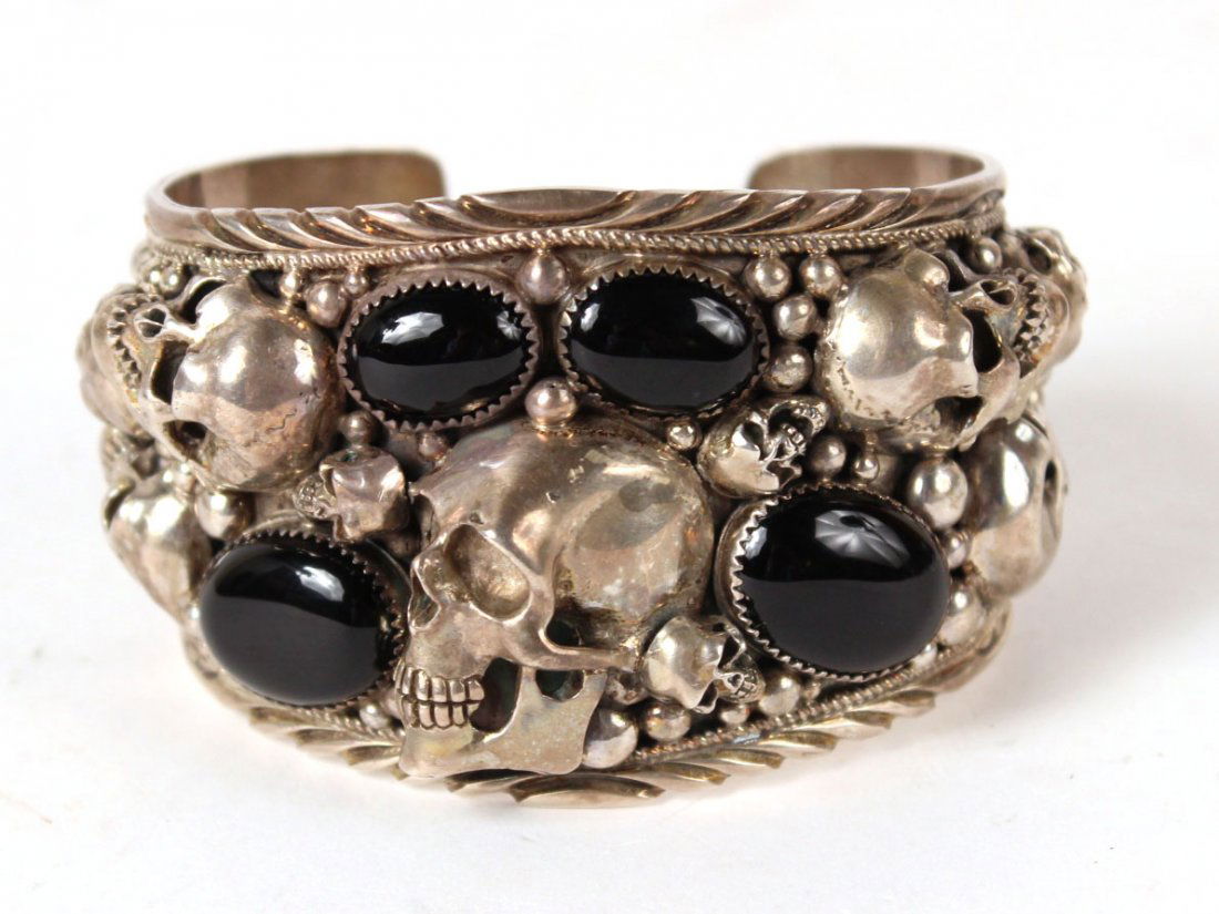 Silver & Hard Stone Skull Motif Cuff Bracelet (1 of 4)